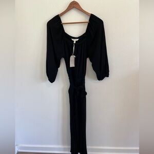 Garnet Hill Black Wide Leg  3/4 Puff Sleeve Knit Jumpsuit Medium